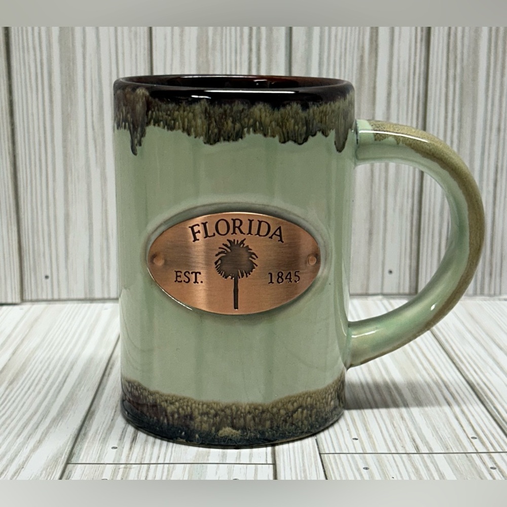 Commemorative Coffee Mug Florida Copper Plate Green Drip Glaze 15 oz